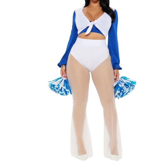 NWT Fashion Nova Dallas Cheerleader 4 Piece Wide Leg Costume - White/Blue Small - Picture 1 of 5